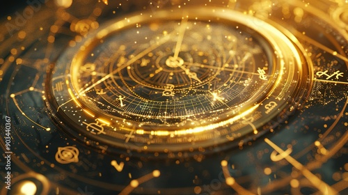 Golden Celestial Compass with Glowing Particles and Zodiac Symbols © Koplexs-Stock