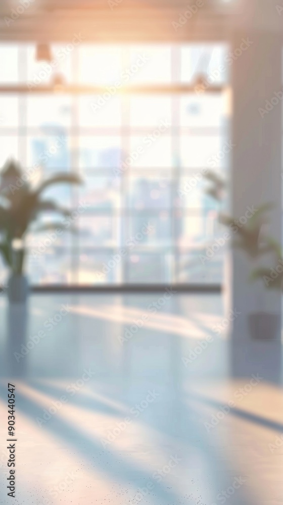 Fototapeta premium Bright Modern Office Interior: Blurred Background with Panoramic Windows and Beautiful Lighting. AI-Generated Design for Web Backgrounds, Wallpapers, 4K High-Resolution Imagery, and Contemporary Busi