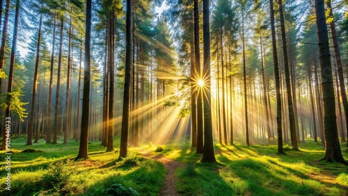 Sunlight streaming through tall trees in a peaceful forest clearing , morning light, trees, nature, sunlight, peaceful