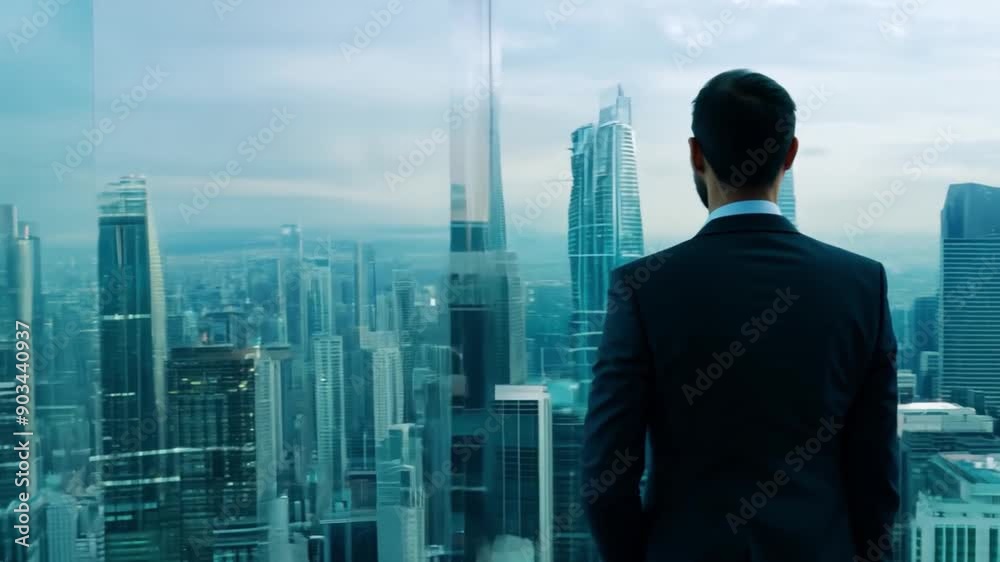This businessman gazes out over the skyline of a city in the early morning. This businessman gazes out over the skyline of a city in the early morning.