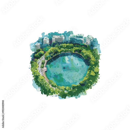 vector image of a lake on the outskirts of town made with watercolor.ai generated