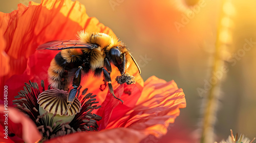 A close-up of a bee collecting pollen from a bright red poppy flower in a sunlit field 