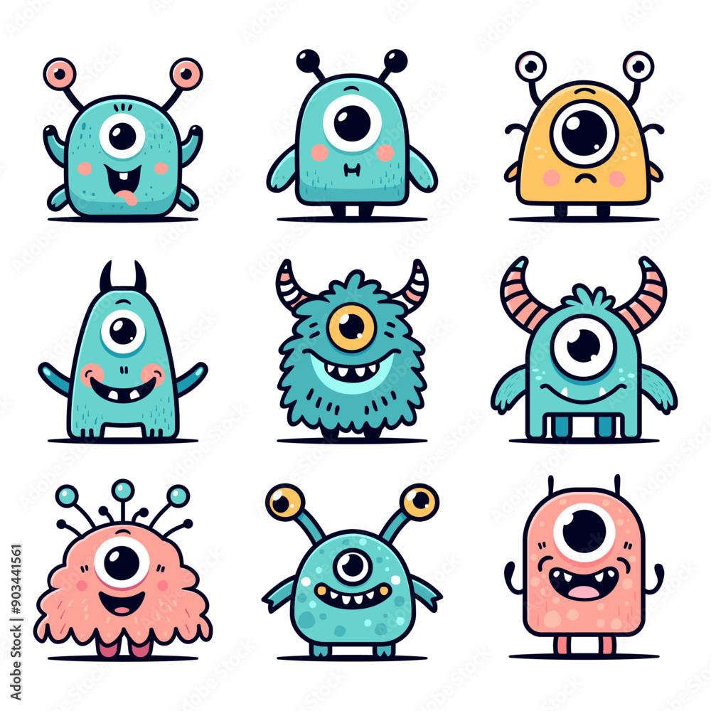 Colorful set of cartoon monsters with cute character, designs for print, book illustrations, festive decorations. Outline flat illustration for birthday party themes, posters, room decor. Colorful set of cartoon monsters with cute character, designs for print, book illustrations, festive decorations. Outline flat illustration for birthday party themes, posters, room decor.