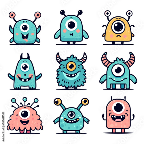 Colorful set of cartoon monsters with cute character, designs for print, book illustrations, festive decorations. Outline flat illustration for birthday party themes, posters, room decor.