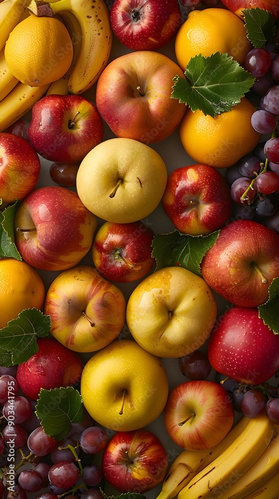 A blend of ripe bananas, apples, and grapes forming a vivid background, viewed from above. A blend of ripe bananas, apples, and grapes forming a vivid background, viewed from above.