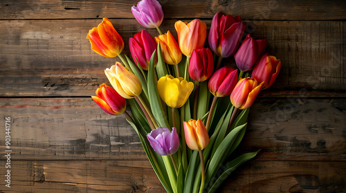 Close-up of a bouquet of freshly picked tulips, showcasing a range of bright colors, lying on a rustic wooden table 