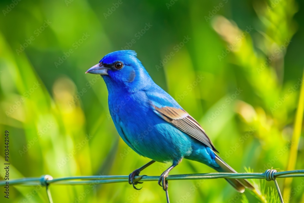 Vibrant indigo bunting perches on a wire fence, its bright blue plumage glistening in the sunlight, as it searches for seeds in a lush green meadow. Vibrant indigo bunting perches on a wire fence, its bright blue plumage glistening in the sunlight, as it searches for seeds in a lush green meadow.