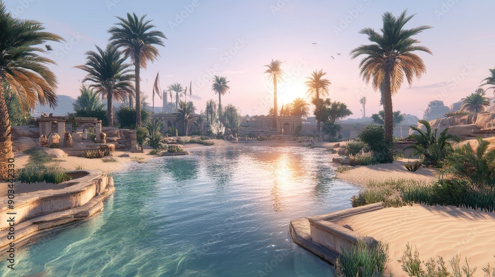 Scenic sunset over a serene oasis with palm trees and clear water, creating a picturesque desert landscape under a pink and orange sky. Scenic sunset over a serene oasis with palm trees and clear water, creating a picturesque desert landscape under a pink and orange sky.