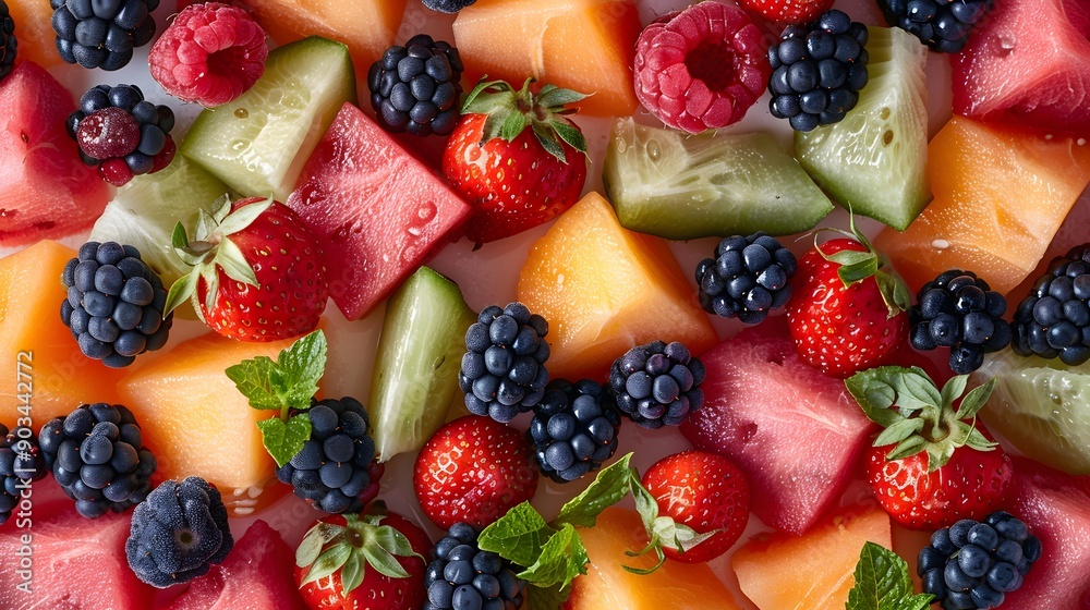 Obraz premium Top view of a mix of fresh berries and sliced melons, creating a colorful background.