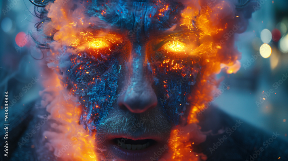 Close-up of a man with a fiery, erupting face emitting glowing orange light from his eyes, surrounded by smoke.