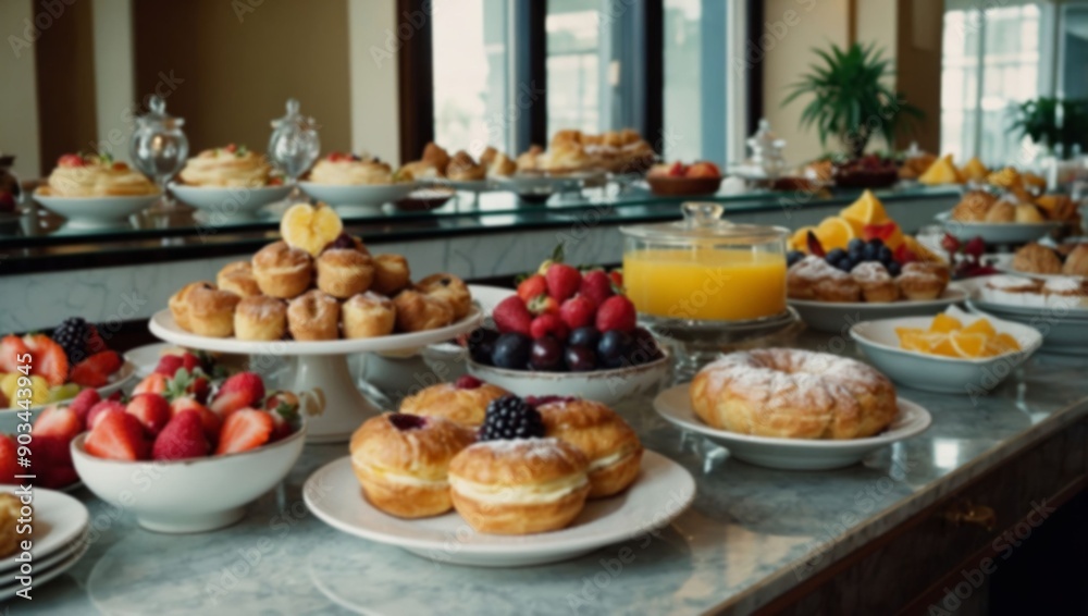Naklejka premium A beautifully arranged breakfast display with pastries, fresh fruit, and refreshing juices awaits in a well-lit café setting, unfocused image