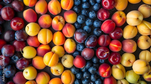 Top view of a colorful array of fresh fruits, including plums, apricots, and nectarines.