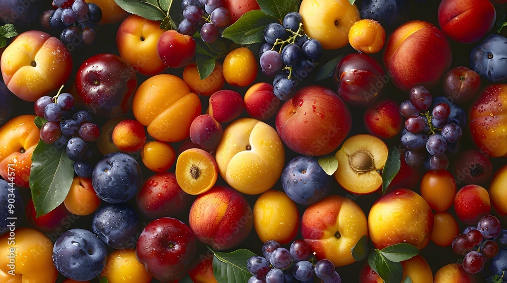 Top view of a colorful array of fresh fruits, including plums, apricots, and nectarines. Top view of a colorful array of fresh fruits, including plums, apricots, and nectarines.