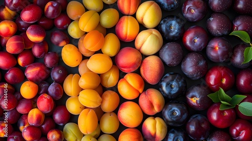 Top view of a colorful array of fresh fruits, including plums, apricots, and nectarines.