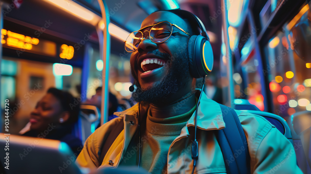 Happy man with headphones enjoying music on a bus ride at night, with city lights in the background. Happy man with headphones enjoying music on a bus ride at night, with city lights in the background.