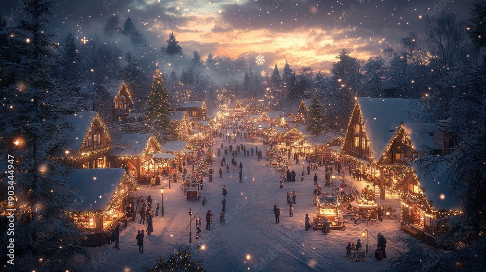 Fototapeta premium A bustling winter holiday market with stalls selling hot cocoa and festive treats, shoppers in warm attire, and twinkling fairy lights hanging above