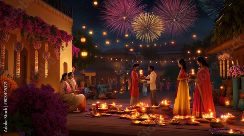 A festive Diwali celebration with vibrant fireworks, illuminated lanterns, and families exchanging gifts and sweets in a warmly decorated home