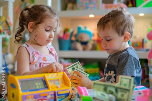 Toddlers Playing Shop with Toy Cash Register and Fake Money