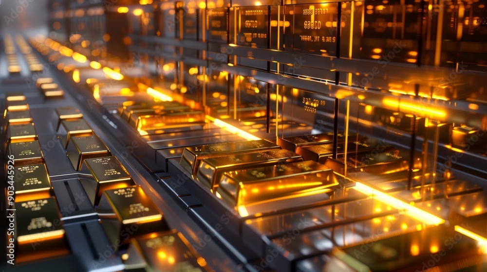 A row of gold bars are displayed in a warehouse A row of gold bars are displayed in a warehouse