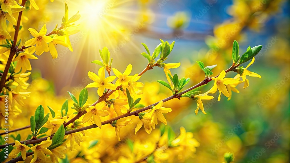 Forsythia branch with vibrant green leaves under the sun in spring , spring, sunny day, flowering bush, yellow flowers Forsythia branch with vibrant green leaves under the sun in spring , spring, sunny day, flowering bush, yellow flowers