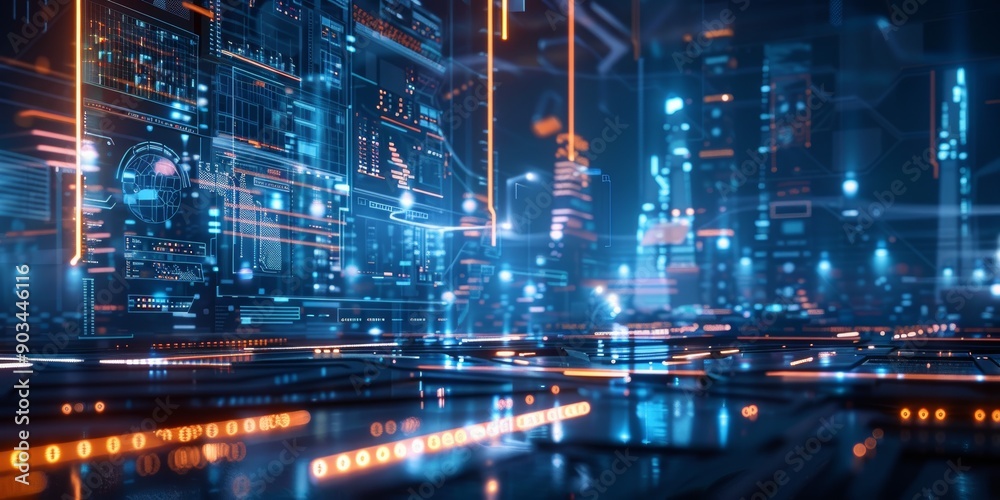 Naklejka premium Futuristic Cityscape with Neon Lights and Digital Interfaces