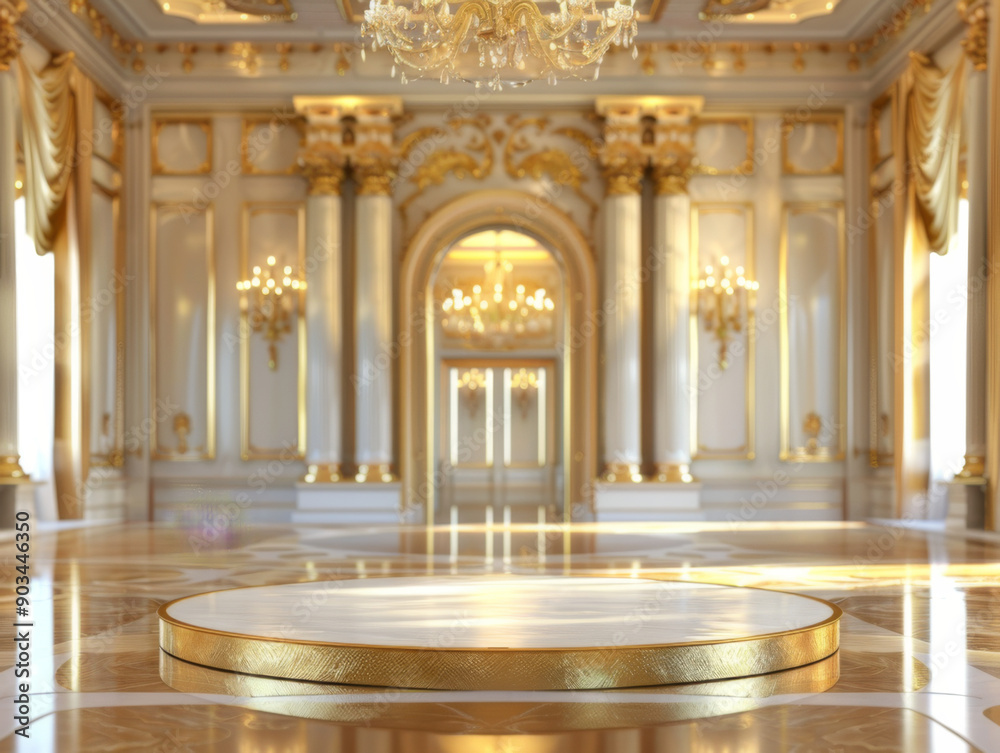 Obraz premium Elegant Velvet Podium, front view focus, with a Royal Palace Ballroom Background