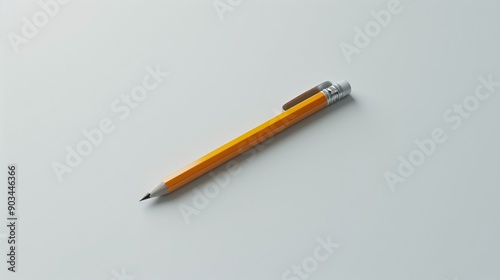 Minimalist flat lay of a single pencil and eraser on a white background, depicted with detailed and precise 3D shading