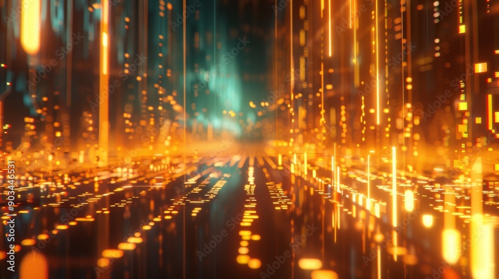 Fototapeta premium A bright orange cityscape with a lot of lights and reflections