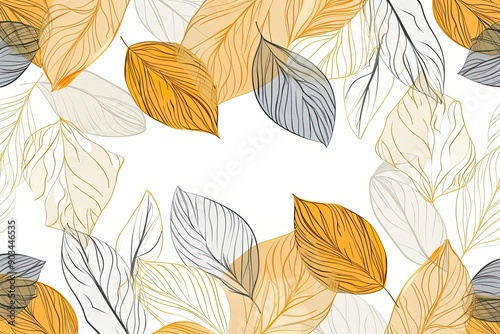 A pattern with a cartoonistic illustration of a white and gold leaves white background. Thick cartoon lines