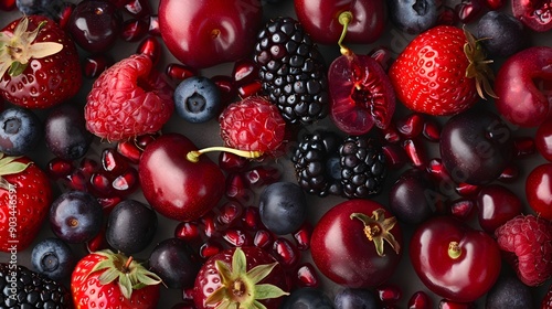 Fresh berries, cherries, and pomegranate seeds creating a beautiful top-view fruit salad.