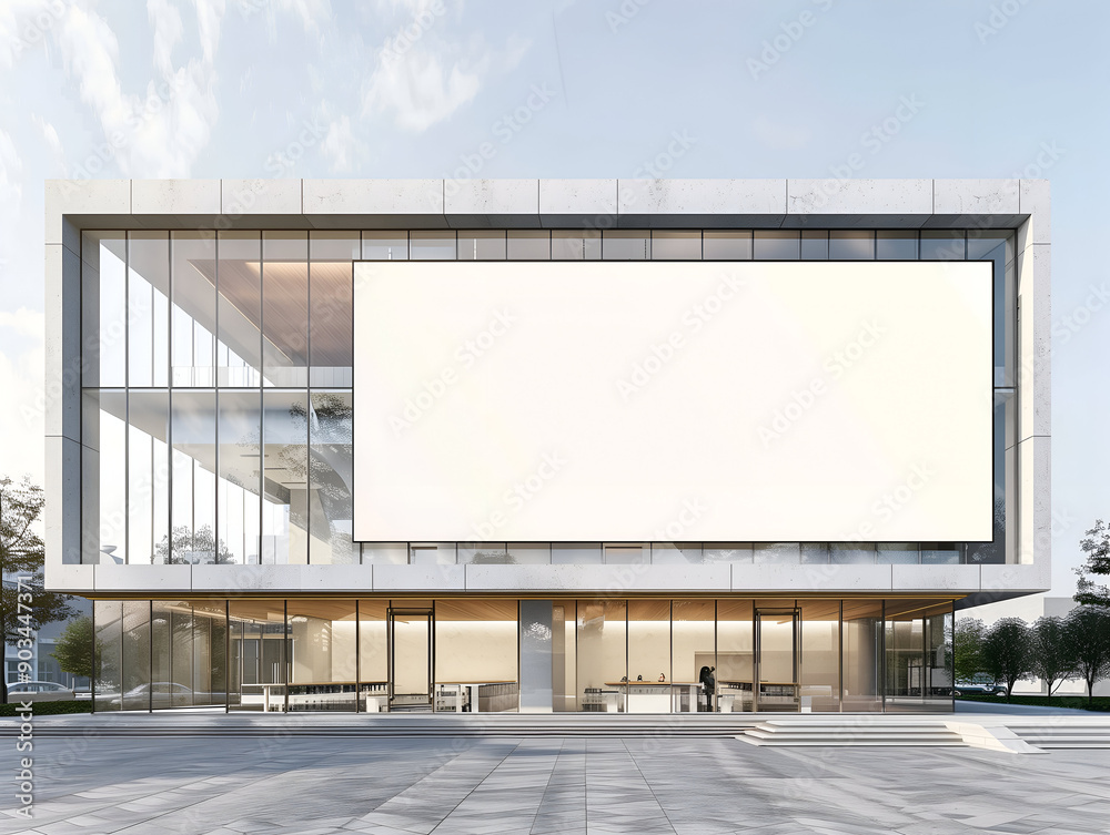 Fototapeta premium Outdoor Art Museum with Large Blank Banner Display and Modern Architecture under Blue Sky