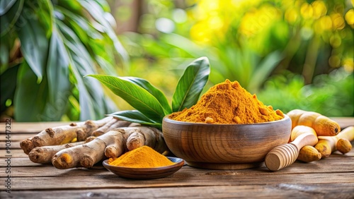 Turmeric curcumin powder and fresh rhizome on wooden table with plant background, Turmeric, curcumin, powder, rhizome, wooden table