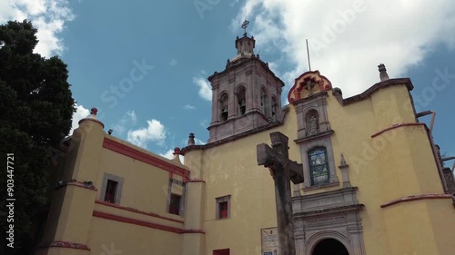 Main entrance of the Sanctuary of Santa Maria del Pueblito, tourist destination, beautiful ancient religious Catholic temple during the summer
