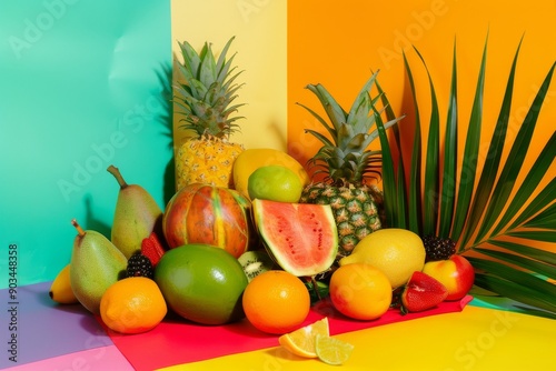 Vibrant Tropical Fruit Still Life with Palm Leaf
