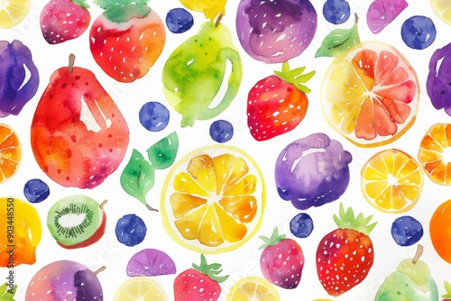 Watercolor Fruit Pattern with Bright Colors and Freshness