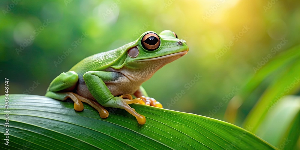 Obraz premium Green tree frog sitting on a leaf with a lush forest background, Green, tree, frog, leaf, forest, background, nature