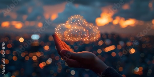 Hand Holding a Glowing Cloud Symbol Over a Cityscape at Dusk photo