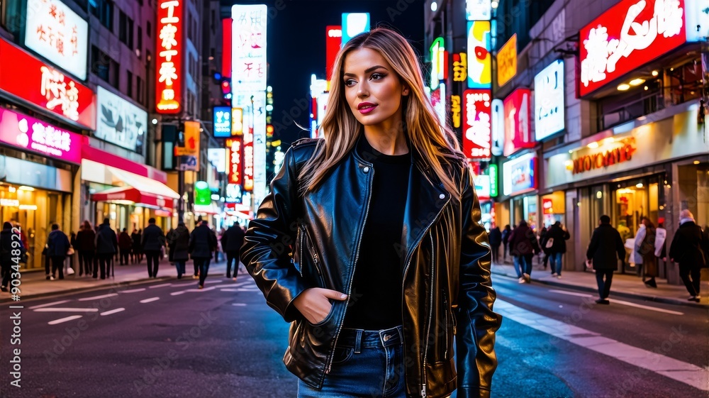 Stylish Woman in Black Leather Jacket Posing on Vibrant City Street at Night with Neon Signs Stylish Woman in Black Leather Jacket Posing on Vibrant City Street at Night with Neon Signs
