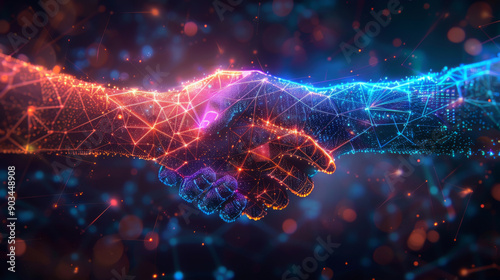 Handshake in digital futuristic style. The concept of partnership