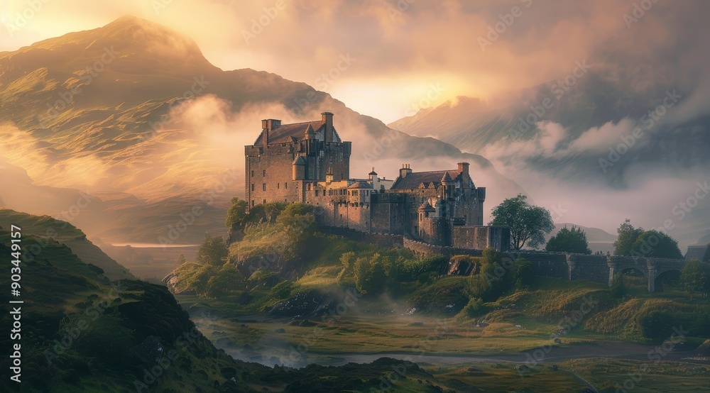 Obraz premium Majestic Castle Perched on a Mountaintop Amidst Mist and Golden Sunlight