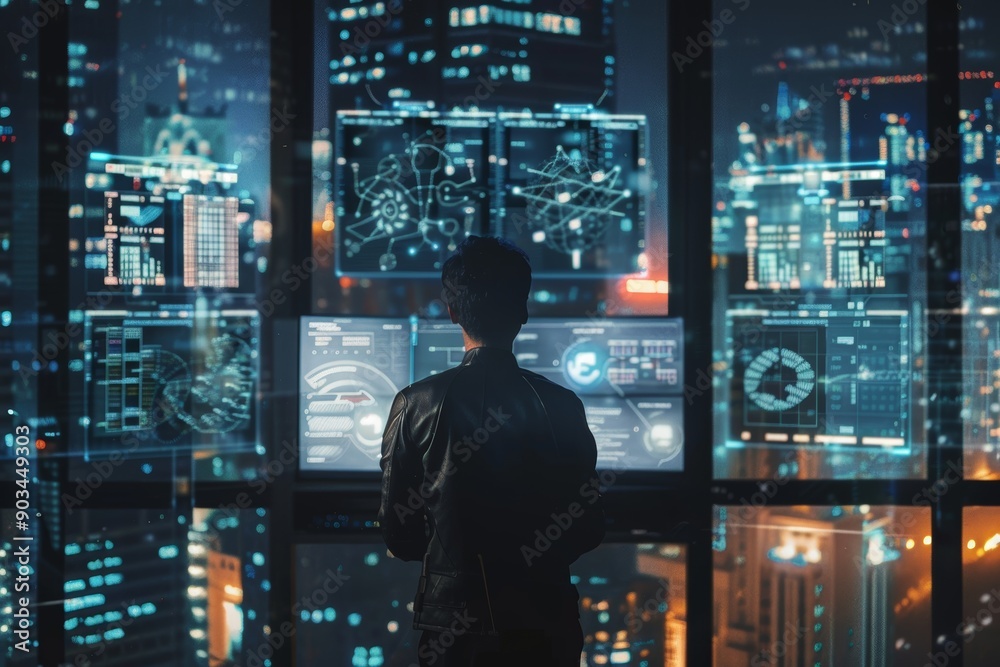 Silhouetted Figure in Front of Digital Displays with a Cityscape View Silhouetted Figure in Front of Digital Displays with a Cityscape View