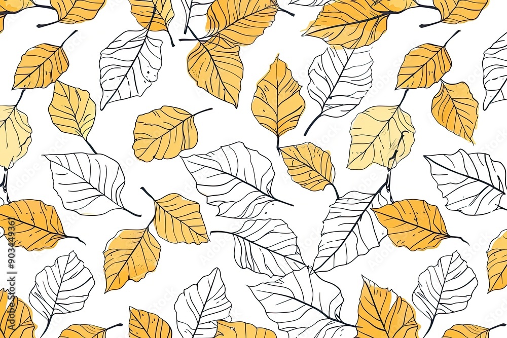 A pattern with a cartoonistic illustration of a white and gold leaves white background. Thick cartoon lines A pattern with a cartoonistic illustration of a white and gold leaves white background. Thick cartoon lines