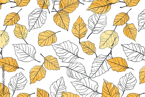 A pattern with a cartoonistic illustration of a white and gold leaves white background. Thick cartoon lines