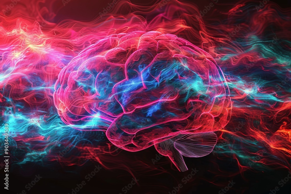Neon brain illustration with swirling lights symbolizing futuristic technology and creativity. Neon brain illustration with swirling lights symbolizing futuristic technology and creativity.