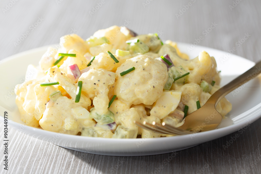 Low Carb Diet Friendly Cauliflower Potato Salad on a Simple White Plate Low Carb Diet Friendly Cauliflower Potato Salad on a Simple White Plate
