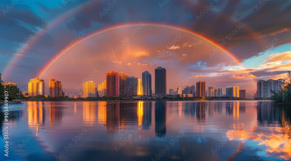 Fototapeta premium City Skyline Reflected in Water with Double Rainbow at Sunset