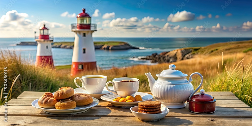 Fototapeta premium Coastal tea party with lighthouse background, featuring tea, pastries, and ocean views, tea, lighthouse, coastal, scene