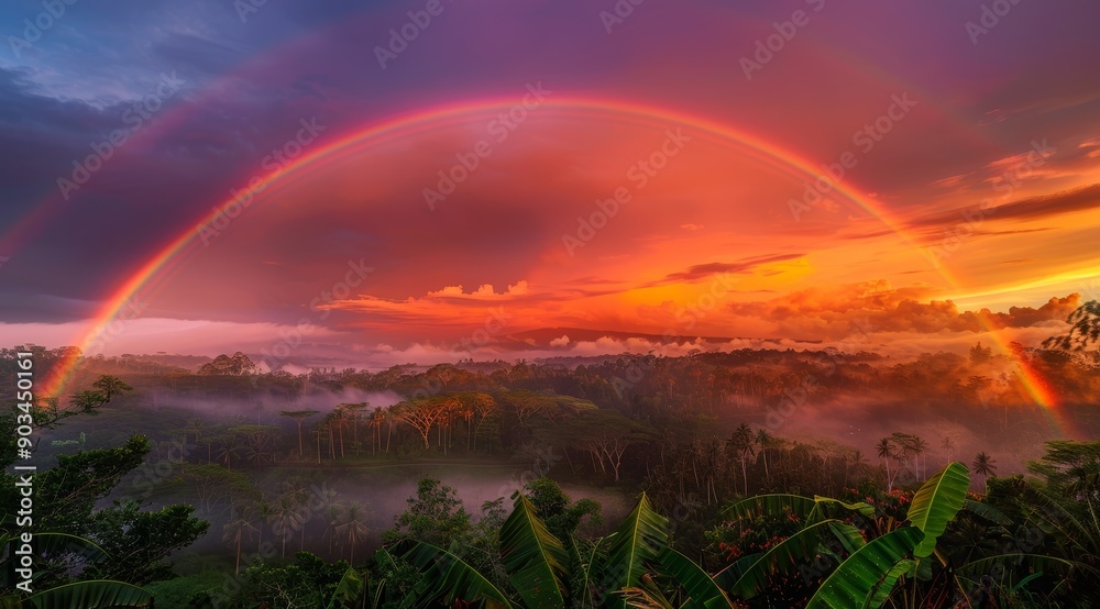 Obraz premium Double Rainbow Arcing Over a Misty Tropical Forest at Sunset