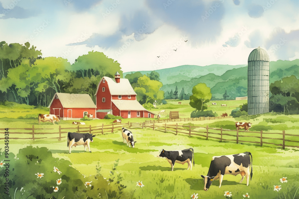 Fototapeta premium Pastoral Farm Setting with Cows Grazing near Red Barn and Silo on a Sunny Day
