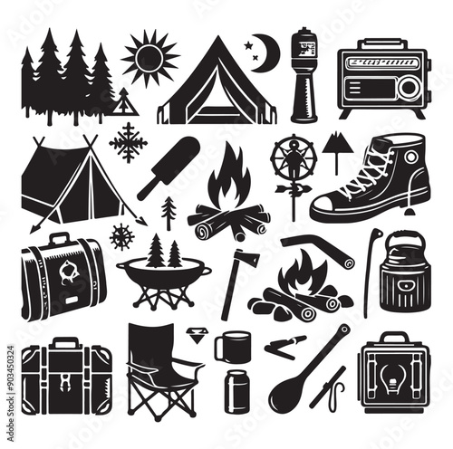 Camping elements set silhouette vector illustration.